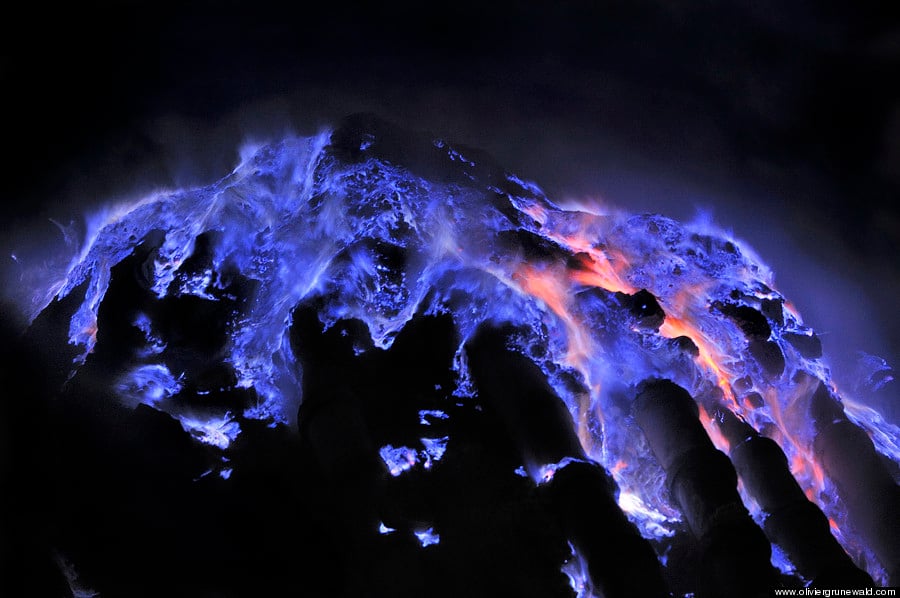 Typical blue flames of sulfuric gaz Kawah Ijen