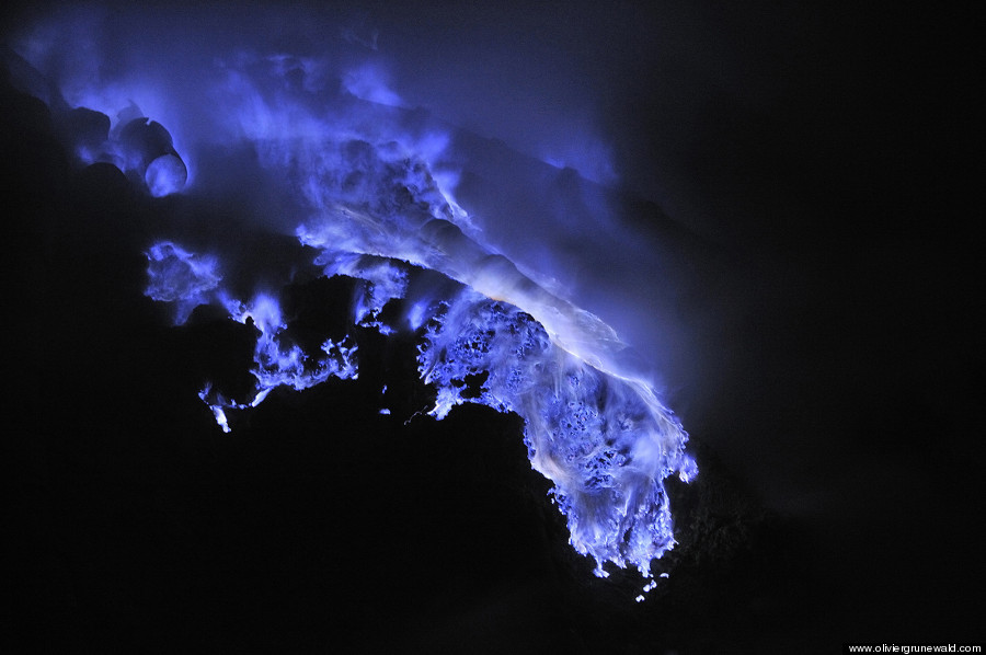 Typical blue flames of sulfuric gaz Kawah Ijen