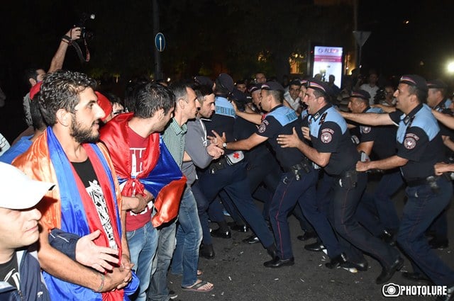 Clashes between protesters and policemen took place during the protest action against electricity price increase on Baghramyan Avenue