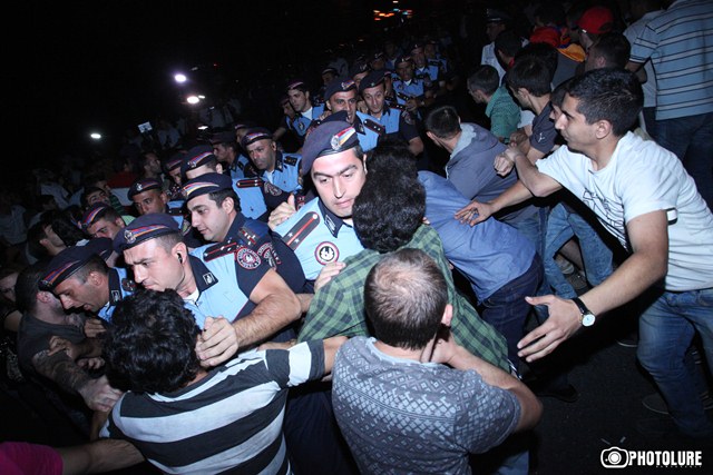 Clashes between protesters and policemen took place during the protest action against electricity price increase on Baghramyan Avenue