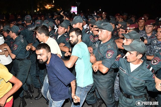 Clashes between protesters and policemen took place during the protest action against electricity price increase on Baghramyan Avenue