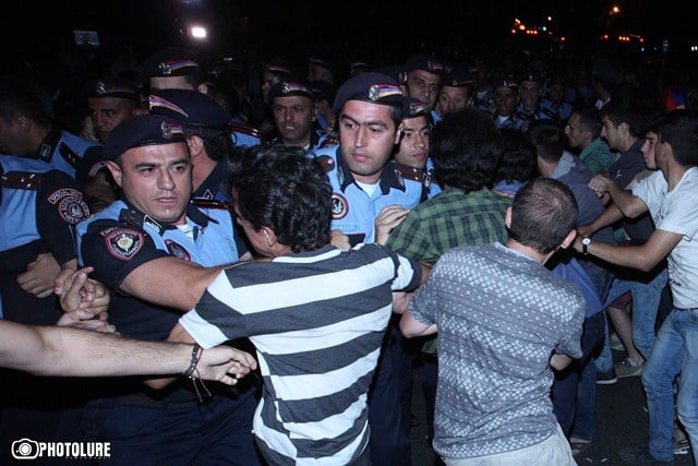 Clashes between protesters and policemen took place during the protest action against electricity price increase on Baghramyan Avenue