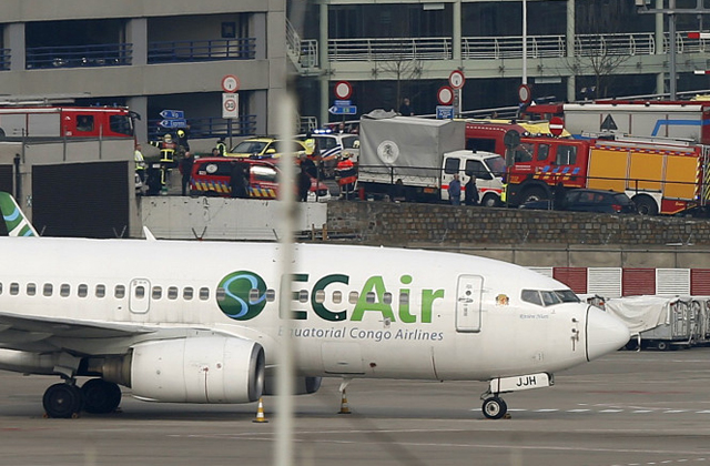 Emergency services at the scene of explosions at Zaventem airport near Brussels, Belgium