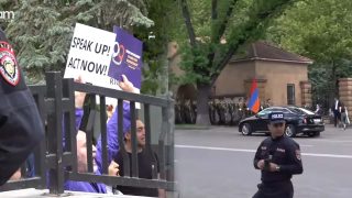 Եվրոպացիները դուրս են գալիս Բաղրամյան 26-ից ու լսում բողոքի ակցիայի մասնակիցների վանկարկումները